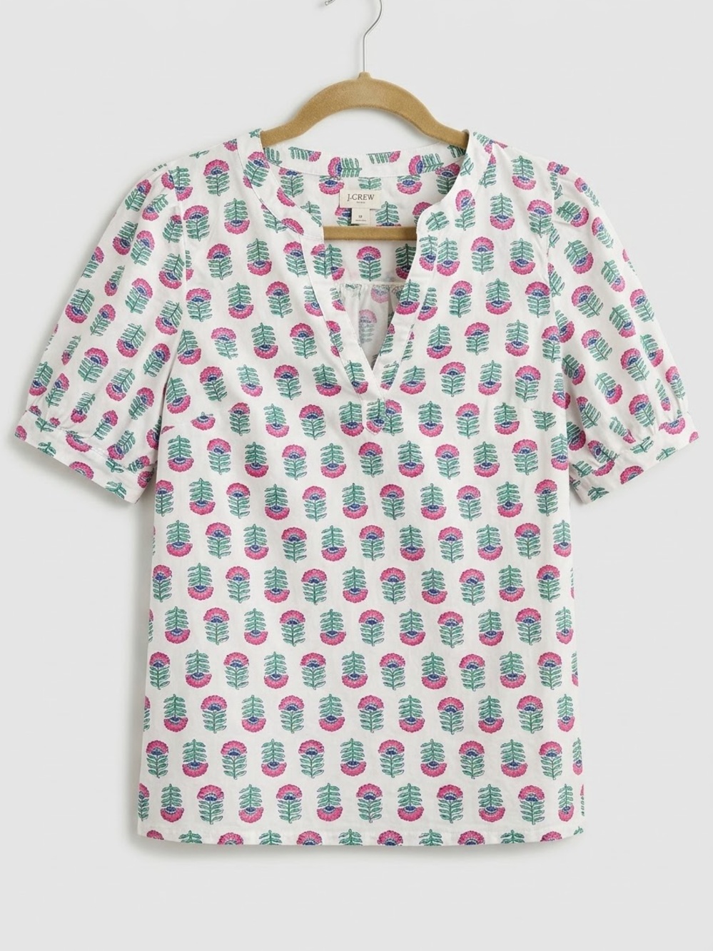 J. Crew Poplin Pink & Green Printed Split-Neck Women’s Top